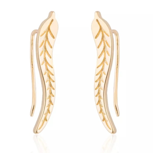 Gold Feather Leaf Earrings - Picture 2 of 5